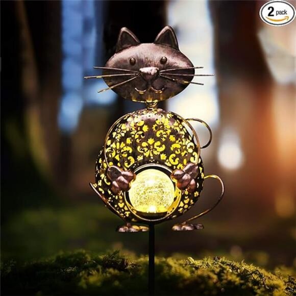 Garden Solar Lights Metal Cat Crackle Glass Globe Stake Lights, Waterproof - Picture 7 of 7